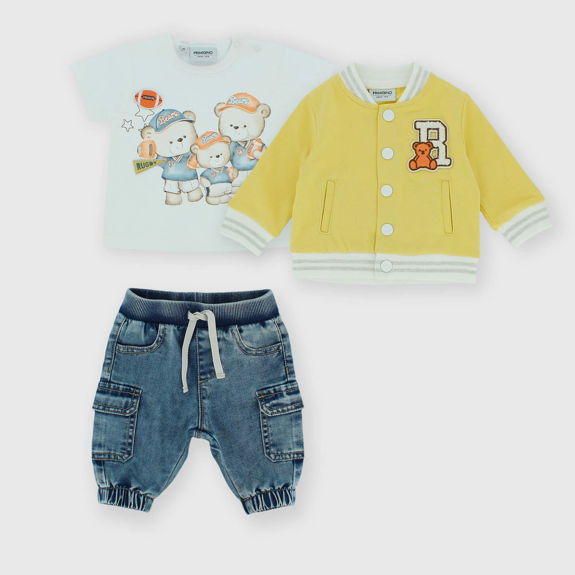 Conjunto de tres piezas de bebé, amarillo