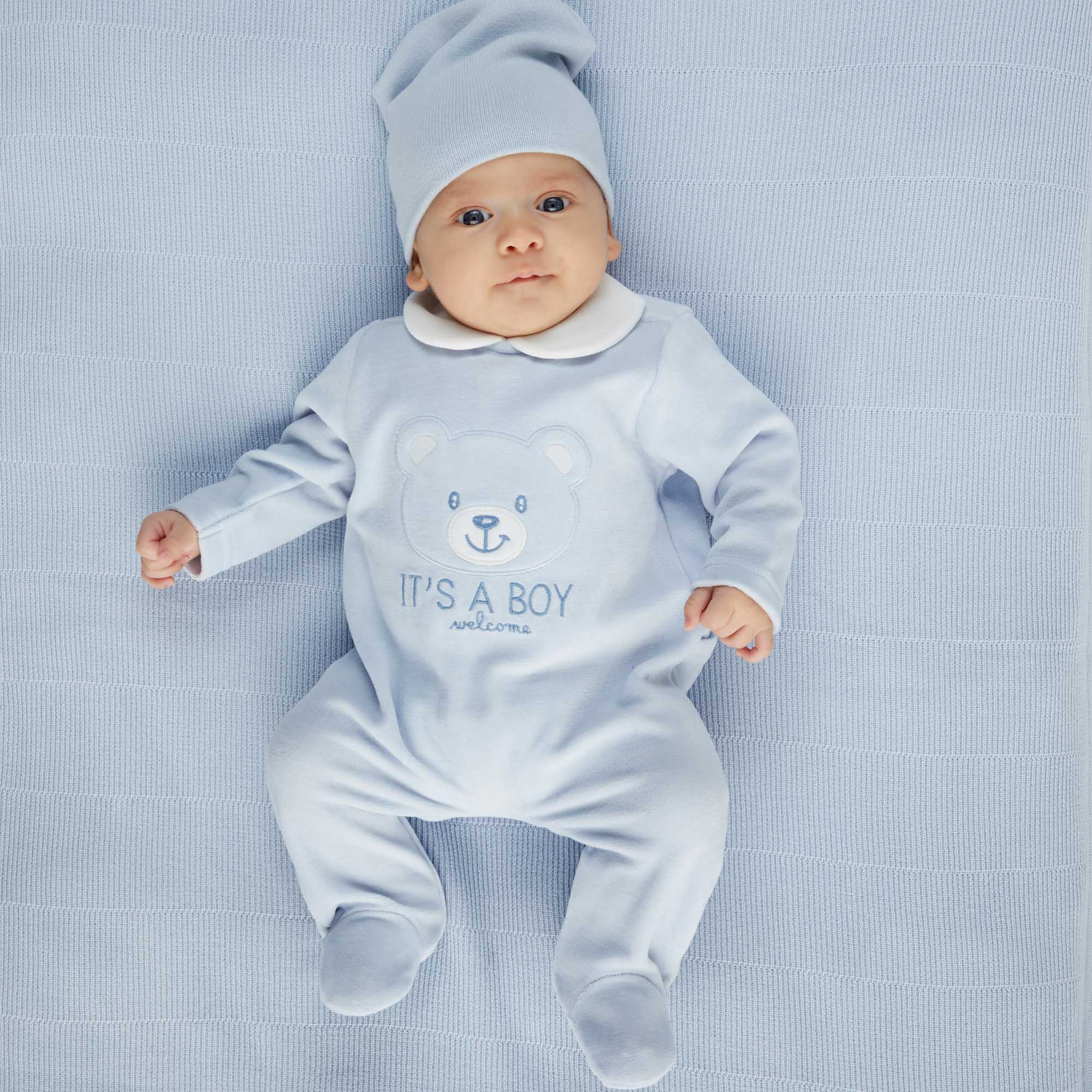 Jumpsuit for newborn boy in chenille, light blue