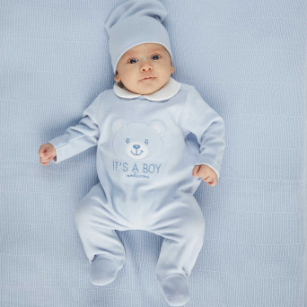 Jumpsuit for newborn boy in chenille, light blue Jumpsuit for newborn boy in chenille, light blue