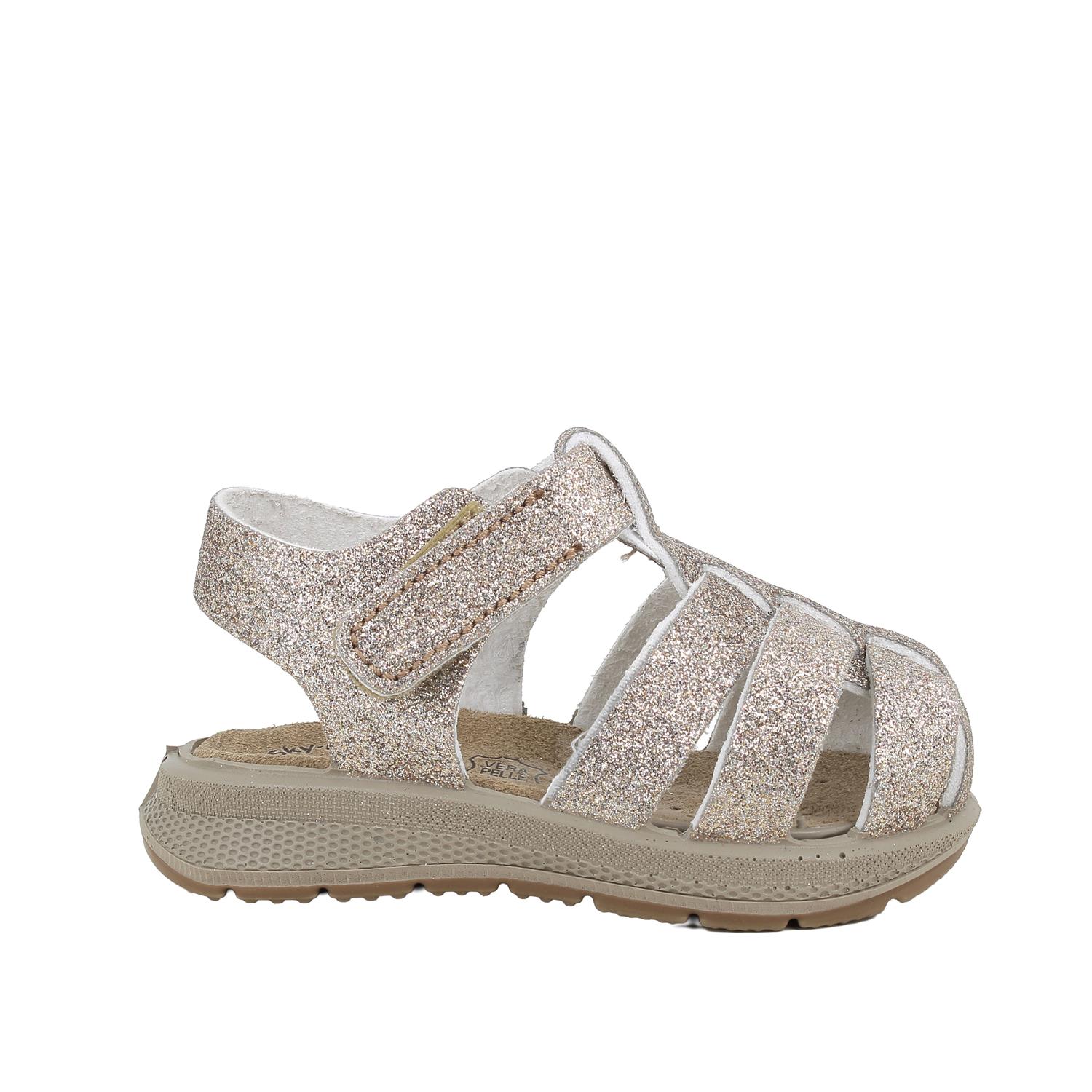 Sandalia para niña platino y beige con velcro