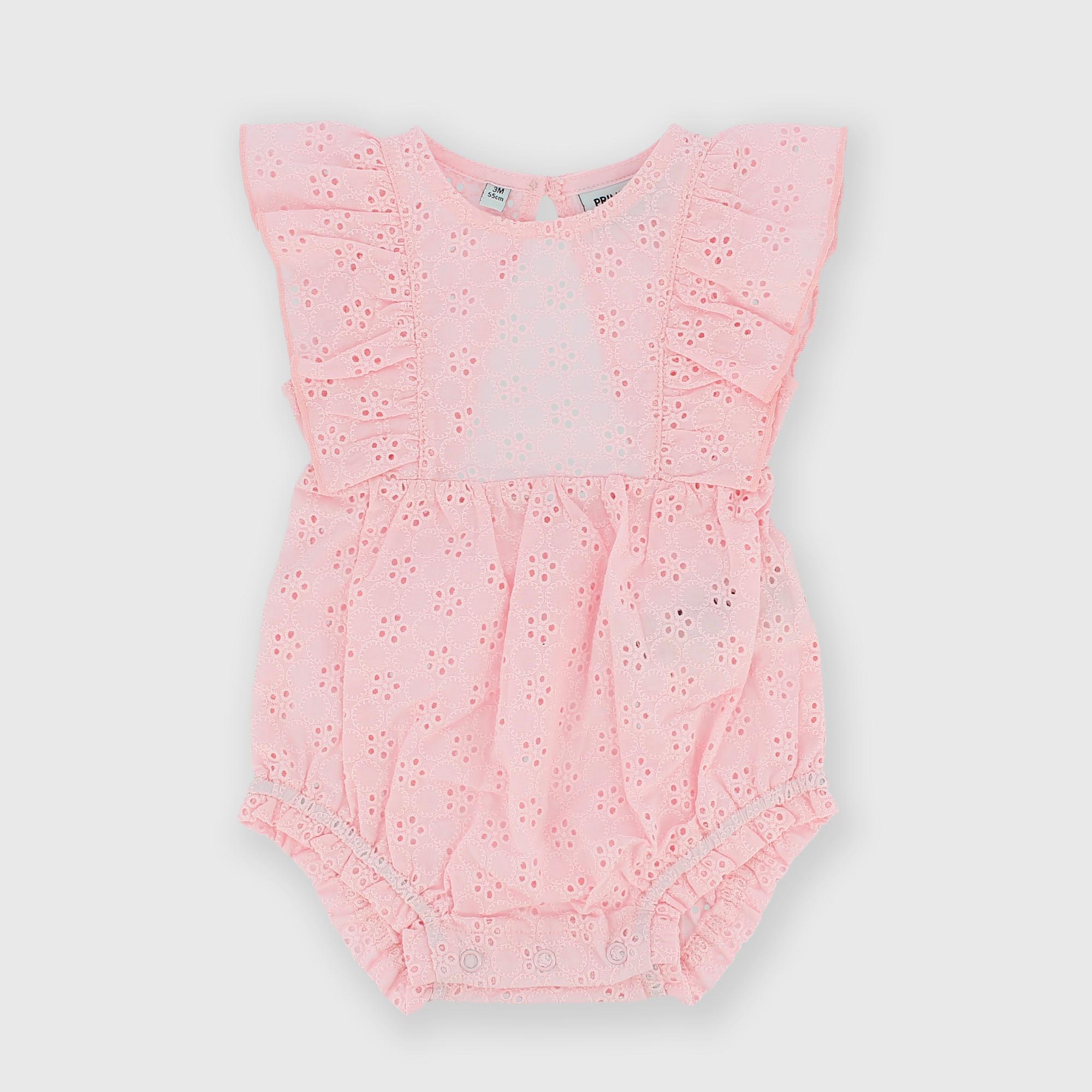 Barboteuse en dentelle san gallo pour fillette rose